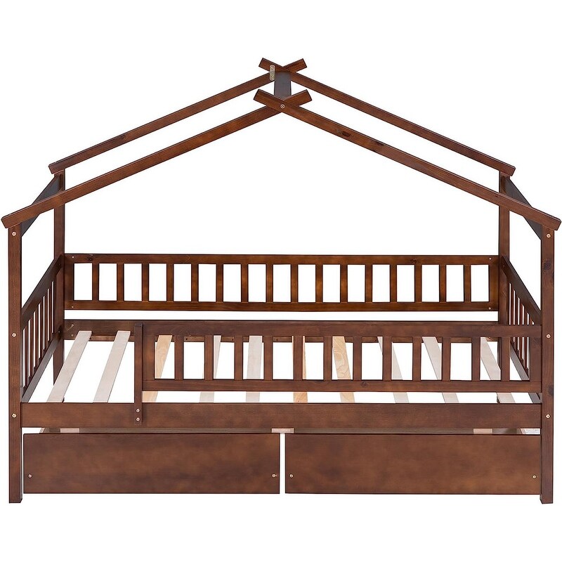 Twin House Bed with 2 Storage Drawers Rails and Roof for Kids