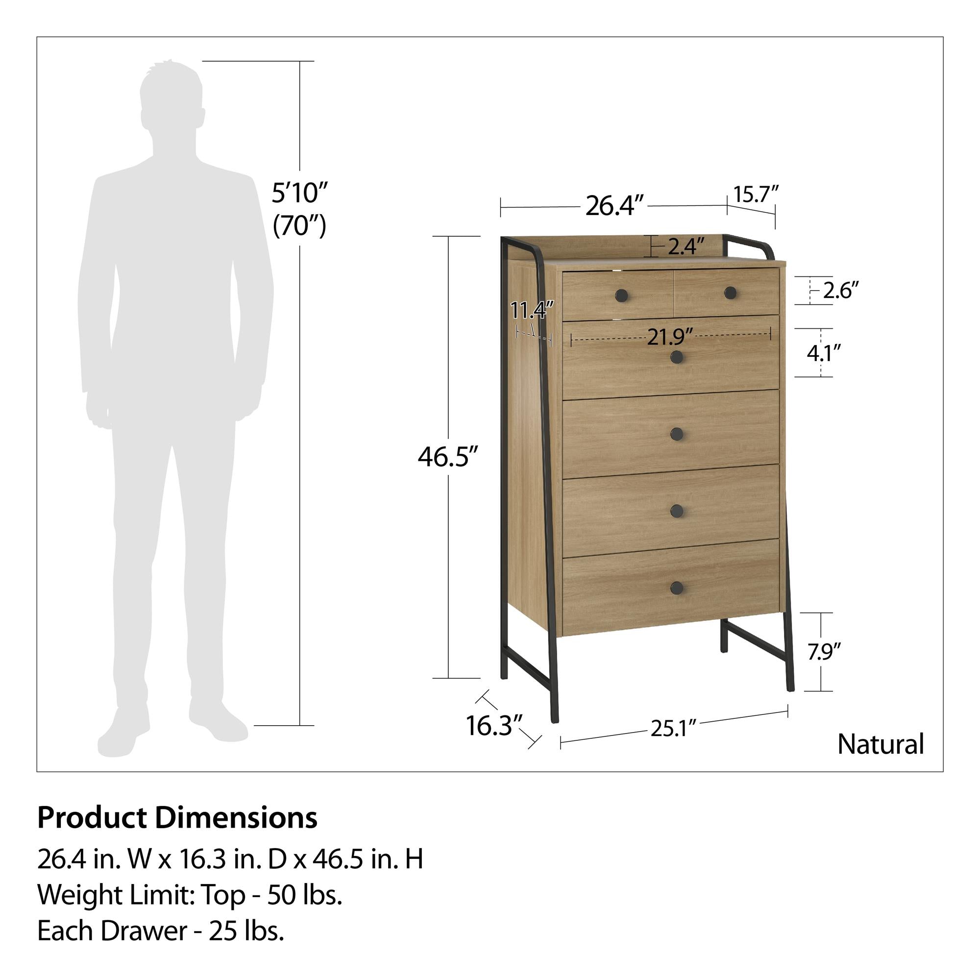 Novogratz Bushwick Tall 5 Drawer Dresser, Natural