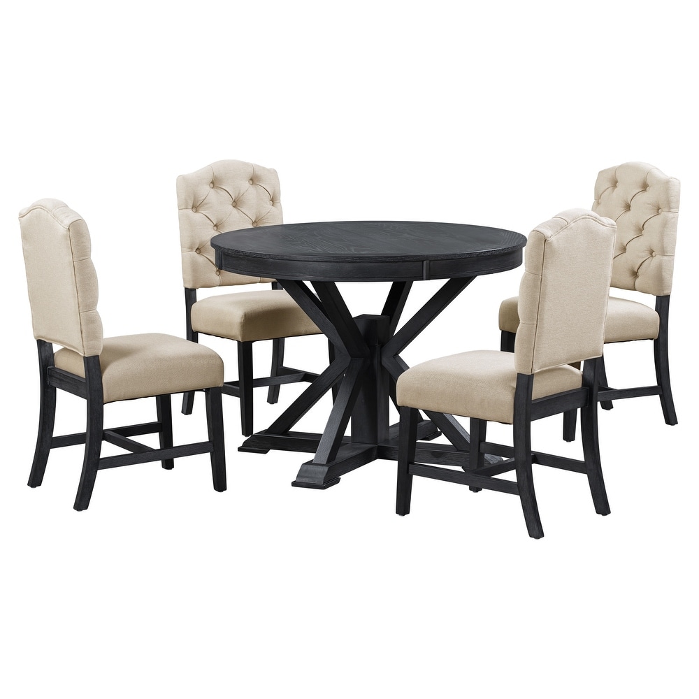 X Cross Leg Round Dining Table Set Wooden Extendable End Table with 4 Upholstered Chairs for Dining Room   Living Room Bistro