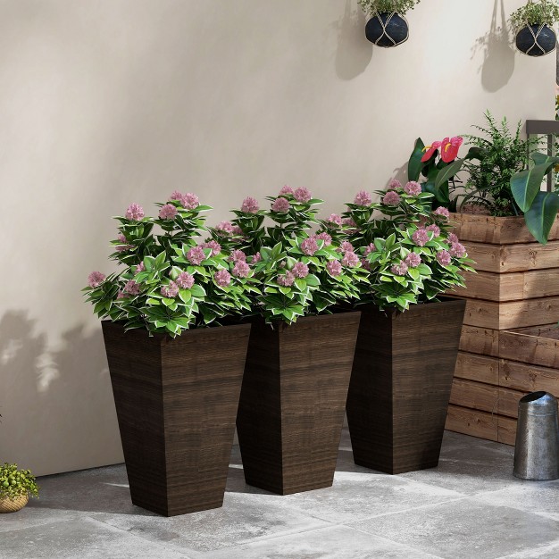 Tall Outdoor Planters Set Of 3 Large Taper Planters With Drainage Holes And Plug Faux Wood Plastic Flower Pots Brown