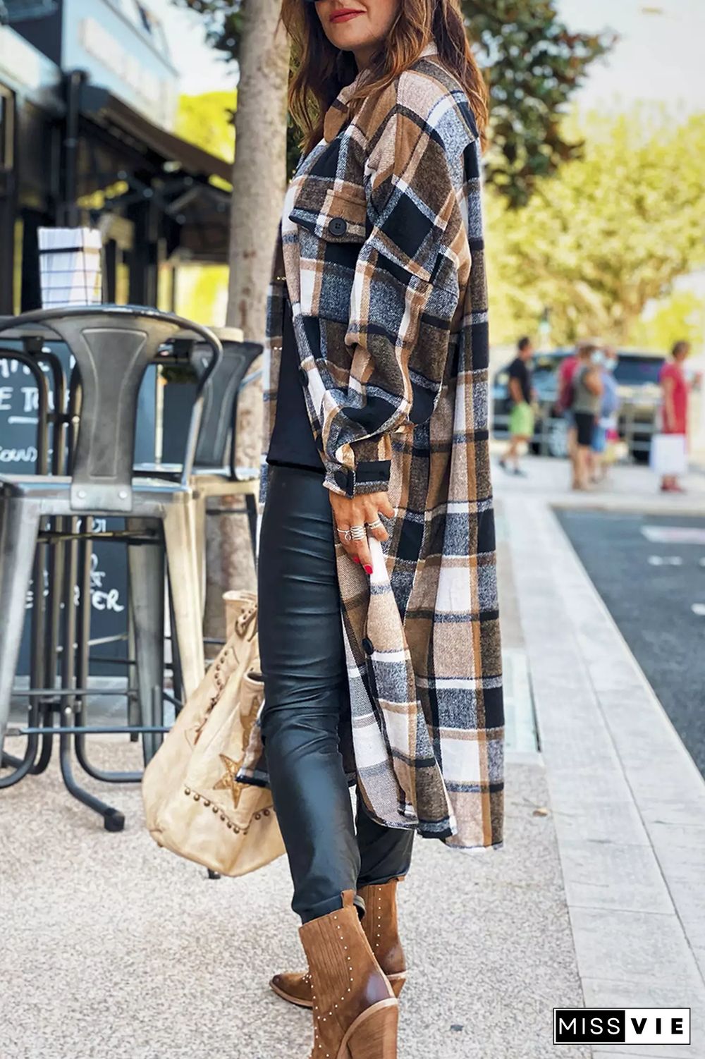 KarliDress Lapel Plaid Print Woolen Long Coat P12611