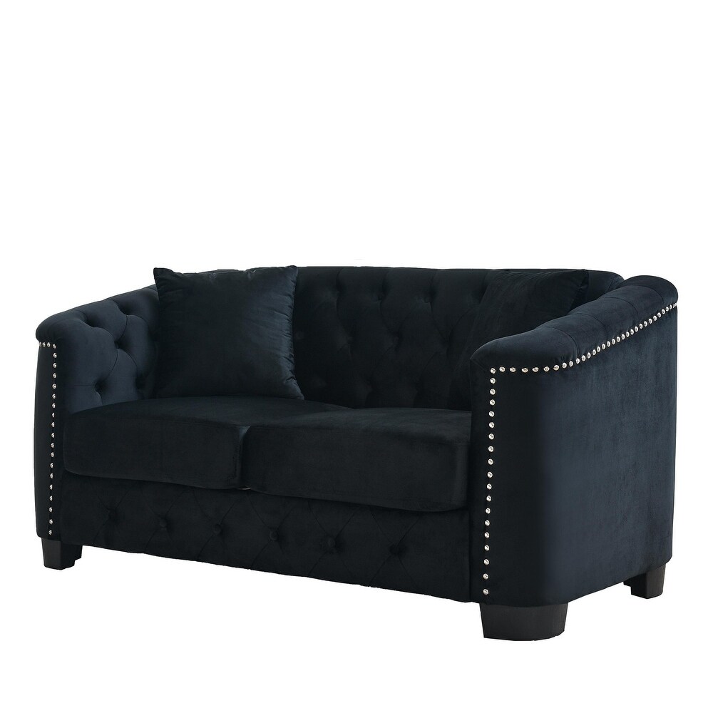 Black Modern Velvet Sofa Set with Nailhead Trim and Buttons (Includes Pillows  3 Seater + Loveseat)