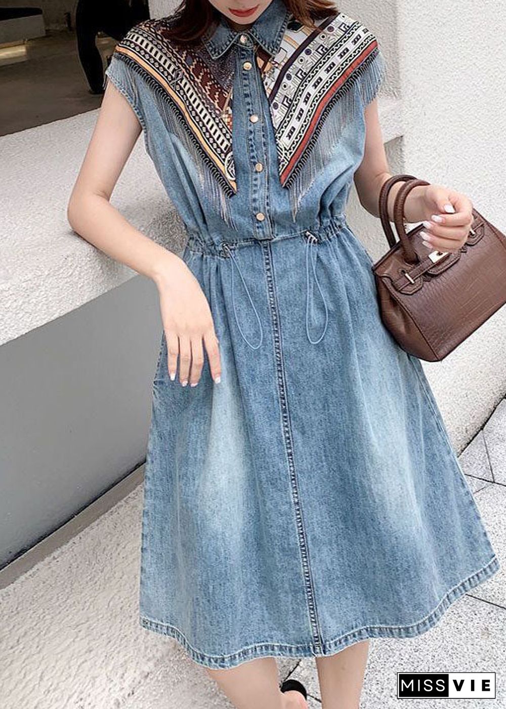 Modern Blue Peter Pan Collar Patchwork Drawstring Denim Mid Dress Short Sleeve