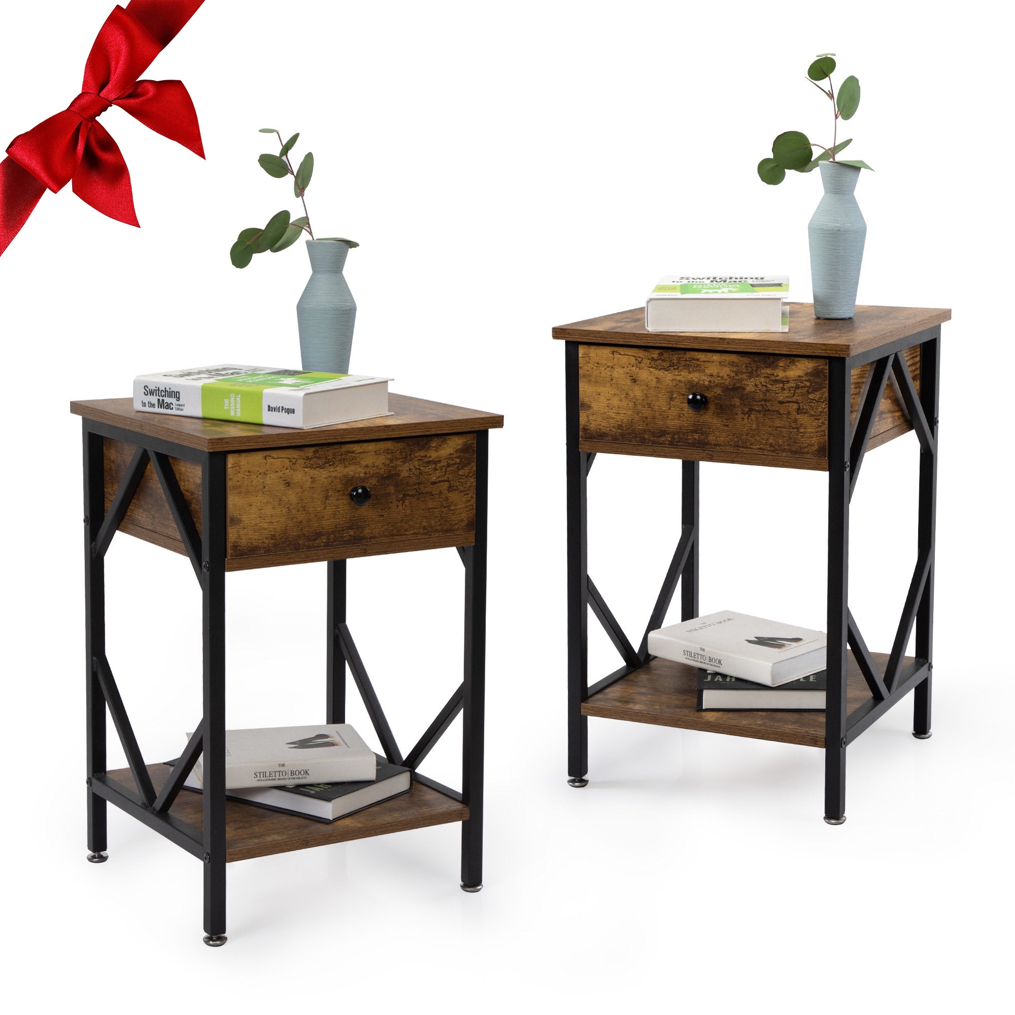 LOAOL Set of 2 Side Table, Wood Industrial Nightstands, Brown