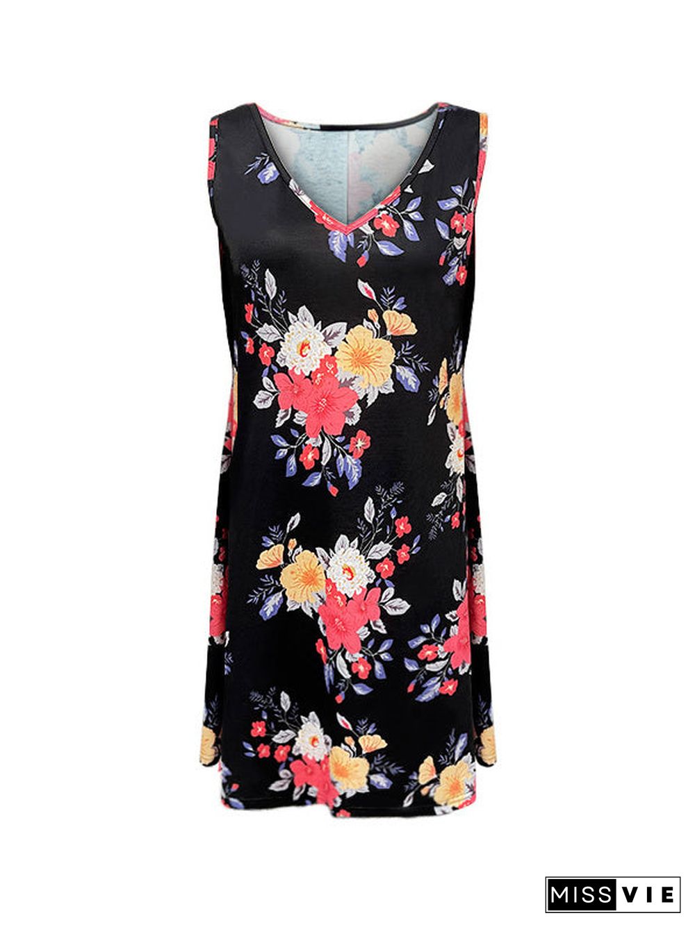 Women Sleeveless V-neck Floral Printed Midi Dress