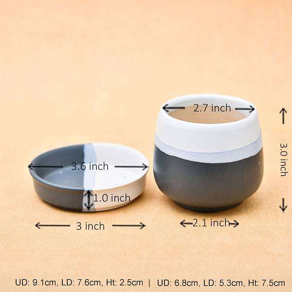 2.7 inch (7 cm) CP040 Jar Shape Round Ceramic Pot with Plate (White, Black) (set of 2)