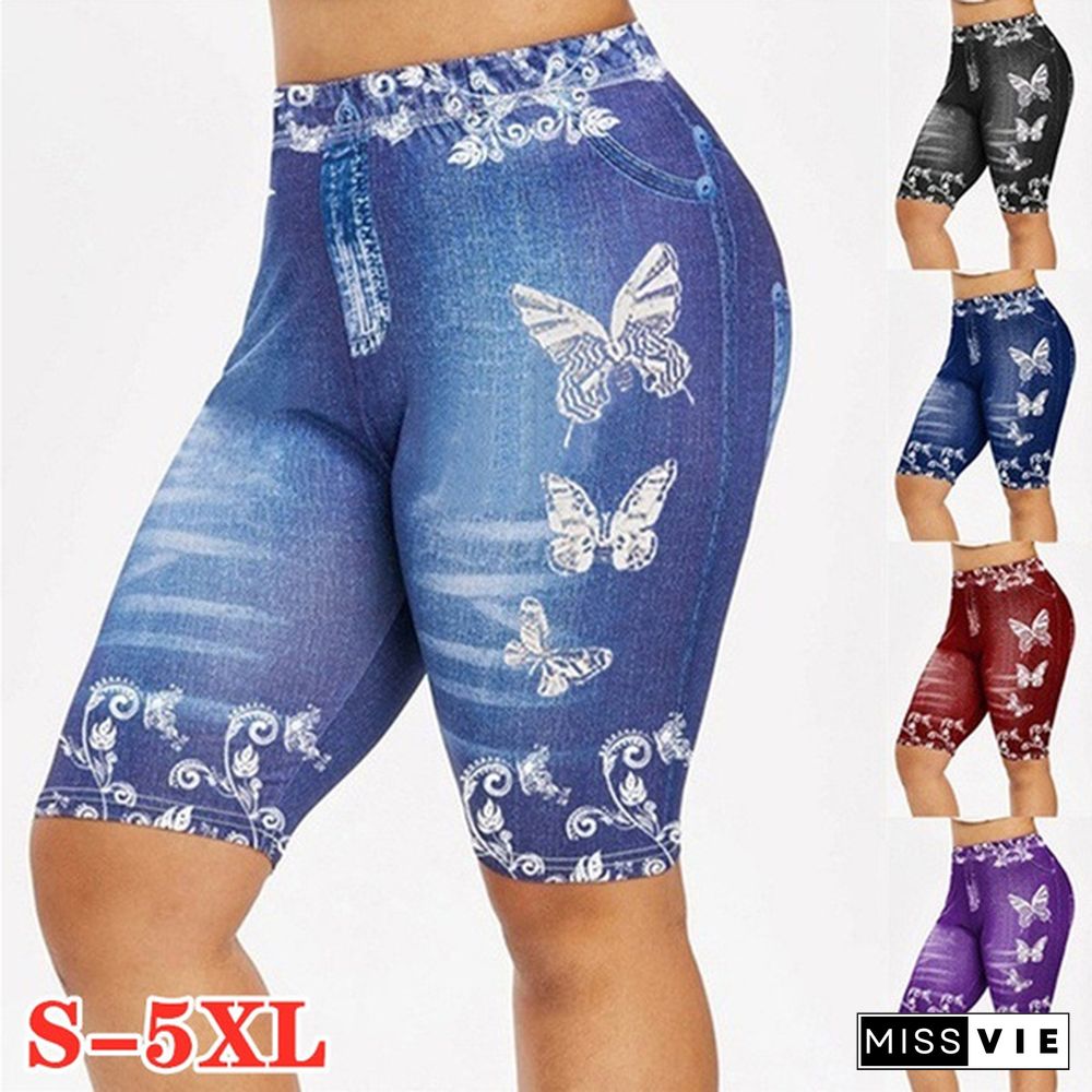 S-5XL Women's Fashion 3D Butterfly Floral Print Denim Shorts Leggings Plus Size Jeggings Shorts Leggings