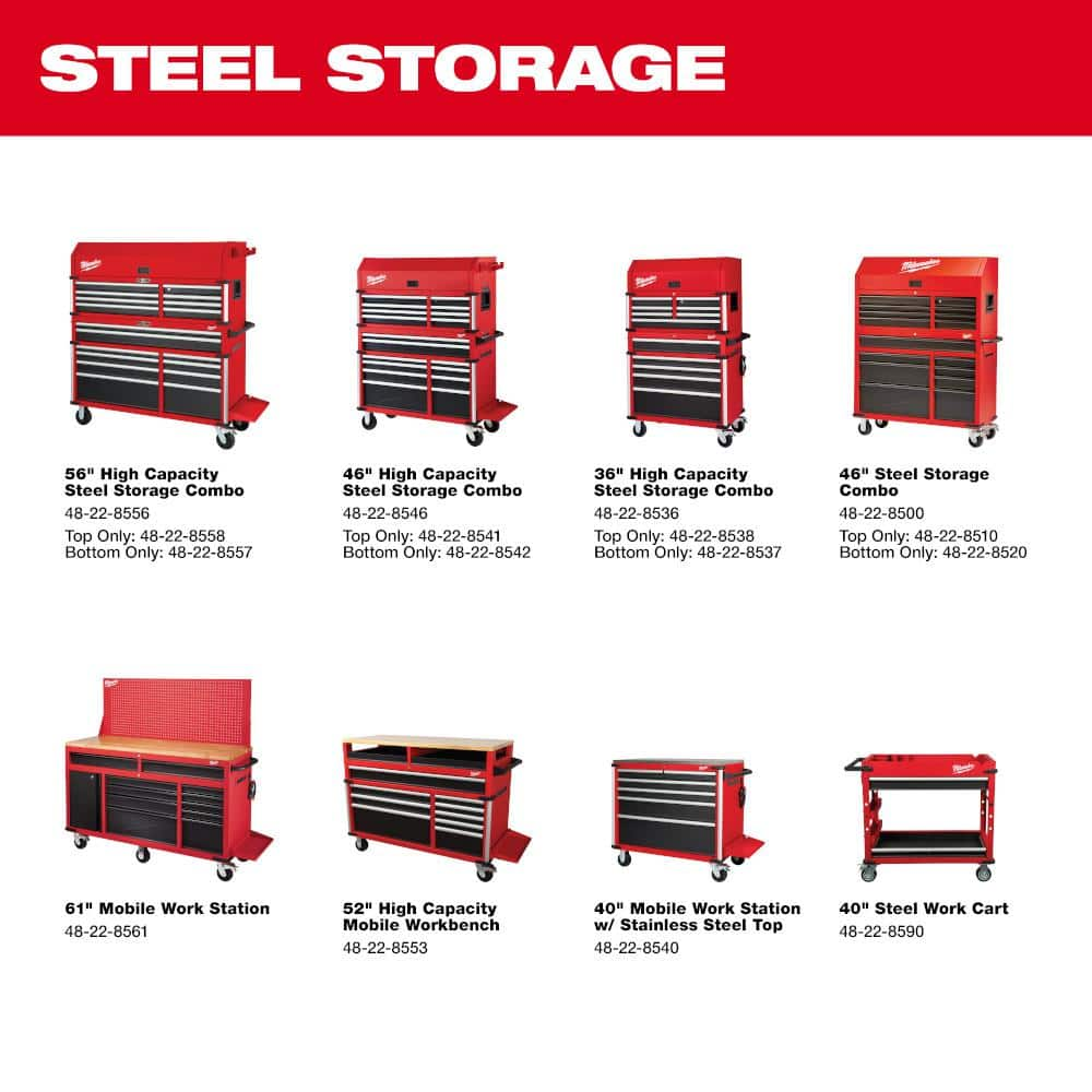 Milwaukee 61 in. 11-Drawer/1-Door 22 in. D Mobile Workbench with Sliding Pegboard Back Wall in Red/Black 48-22-8561