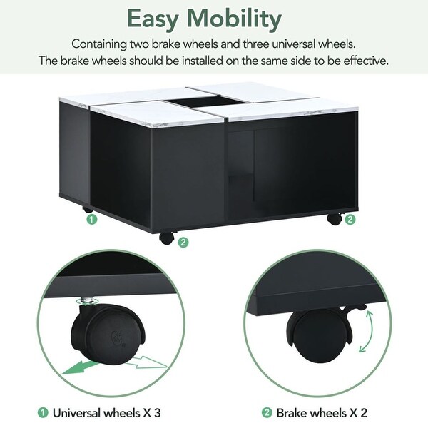 Modern Square 2layer Coffee Table with Casters and Removable Tray