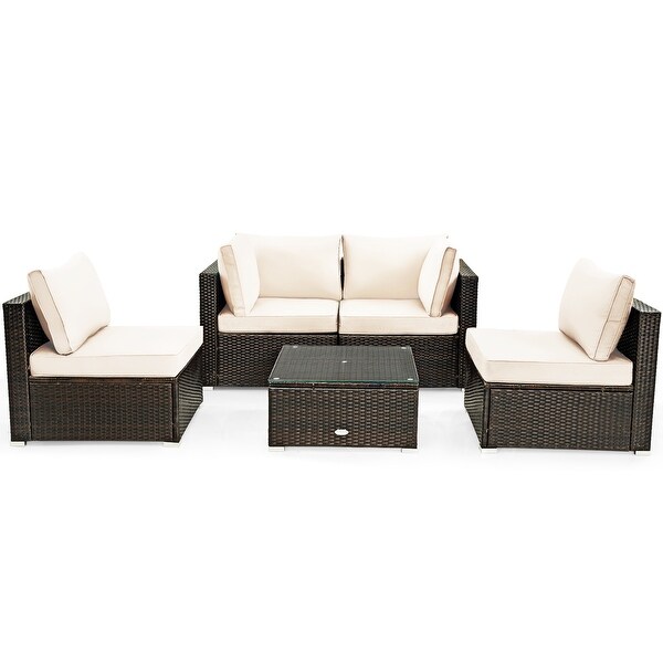 Gymax 5PCS Rattan Patio Conversation Set Sofa Furniture Set w/ White