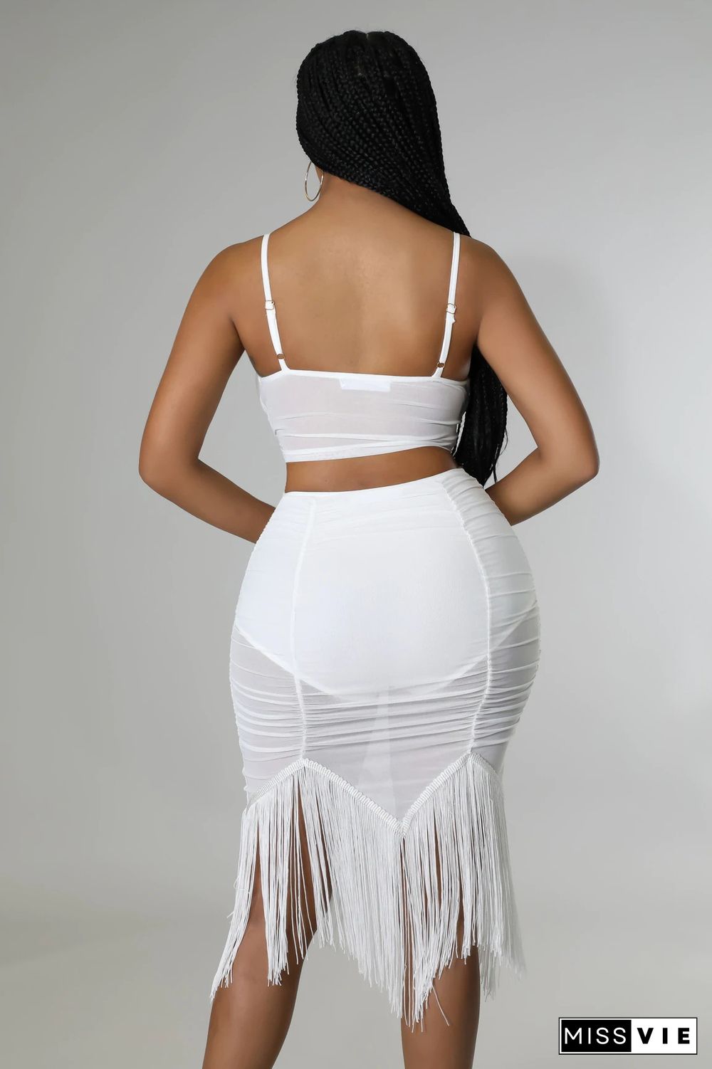 Camisole Crop Top Ruched Sheer Mesh Tassel Skirts Set