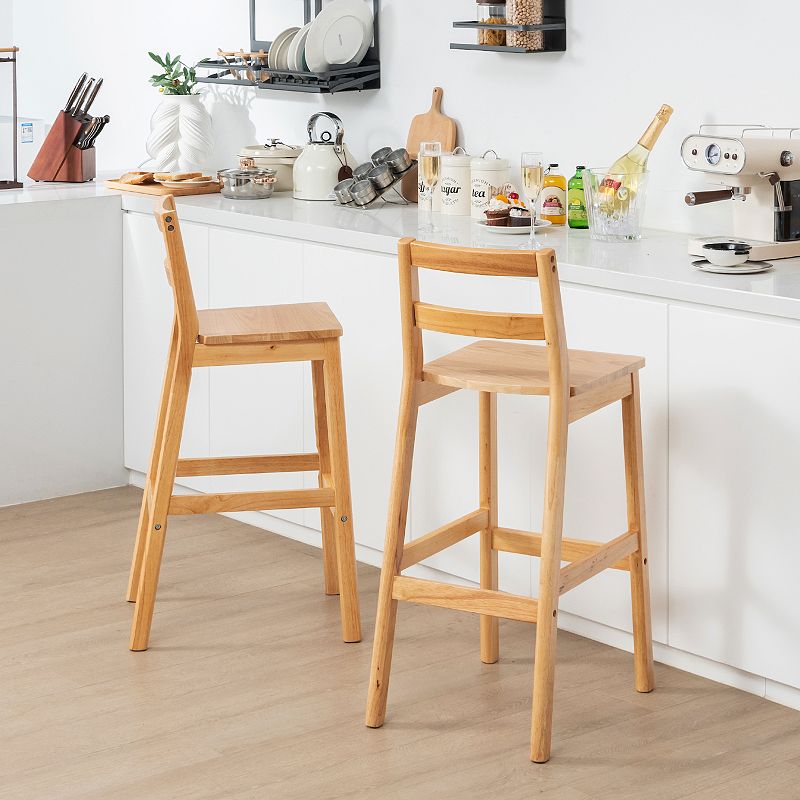 Set of 2 28 Rubber Wood Armless Bar Stools with Backrest and Footrest-Natural