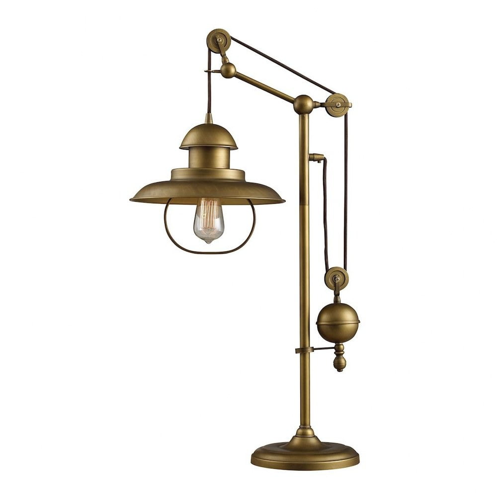 1 Light Modern Farmhouse Adjustable Pulley Table Lamp with Vintage Edison Bulb and Metal Shade in Antique Brass Bailey Street Home 2499-Bel-3331979