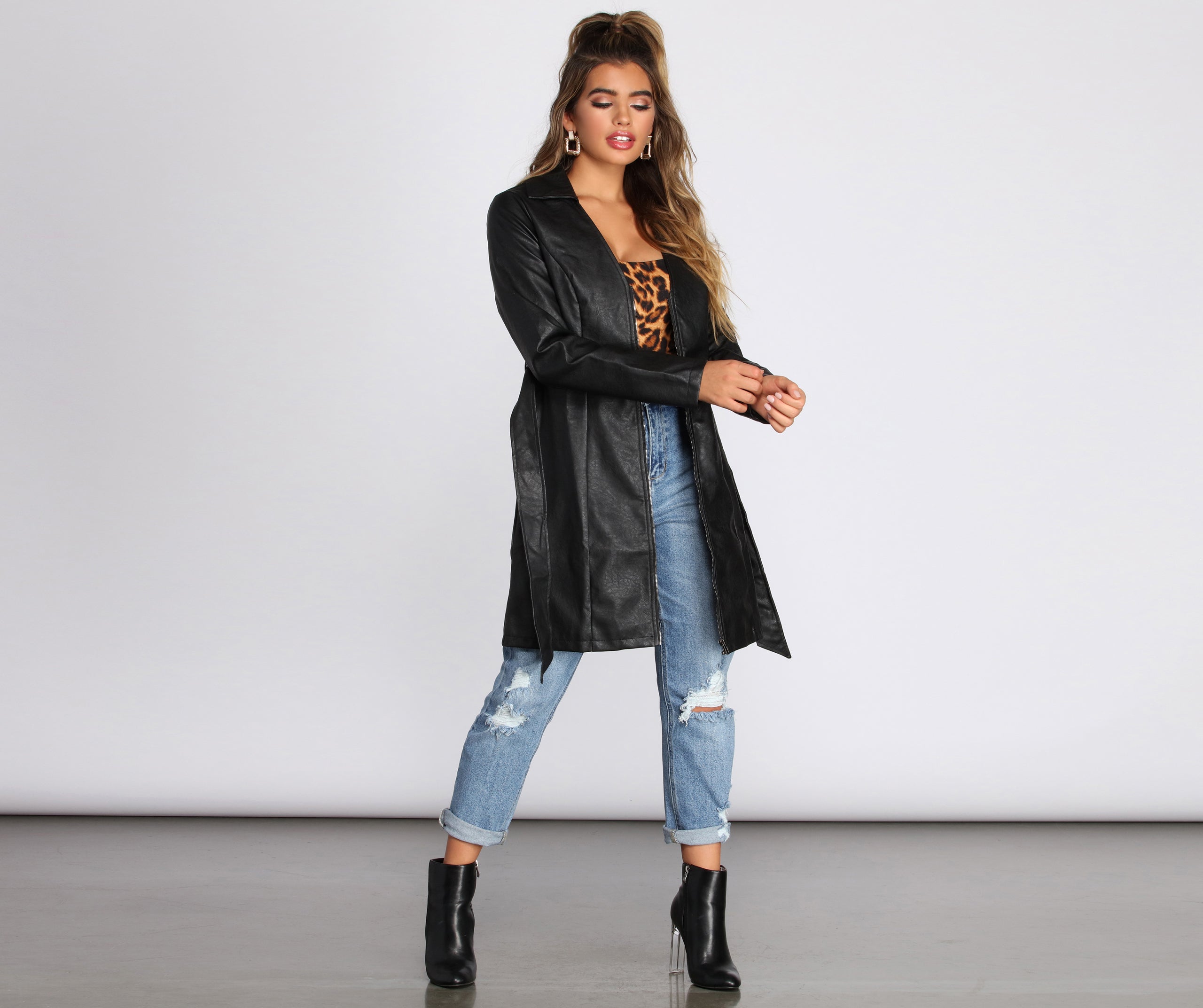 Faux Leather Belted Trench