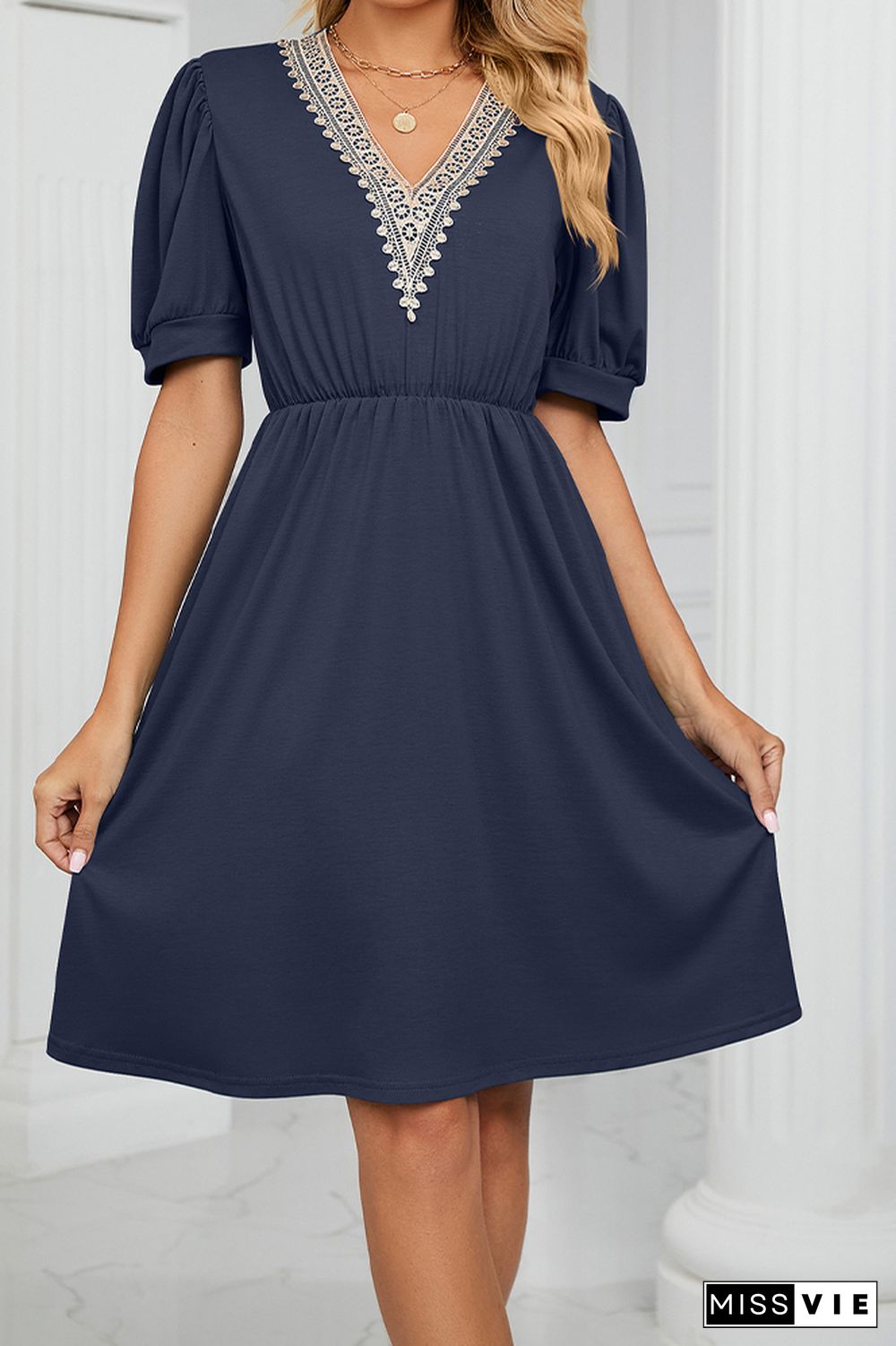 V Neck Lace Edge Pockets T-Shirt Dress