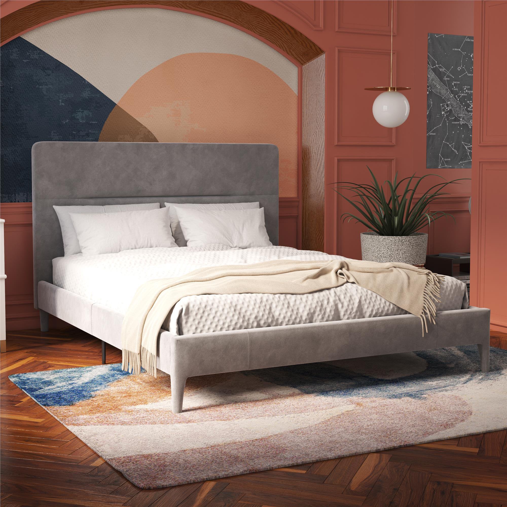 CosmoLiving Westerleigh Upholstered Bed, Queen, Light Gray Velvet