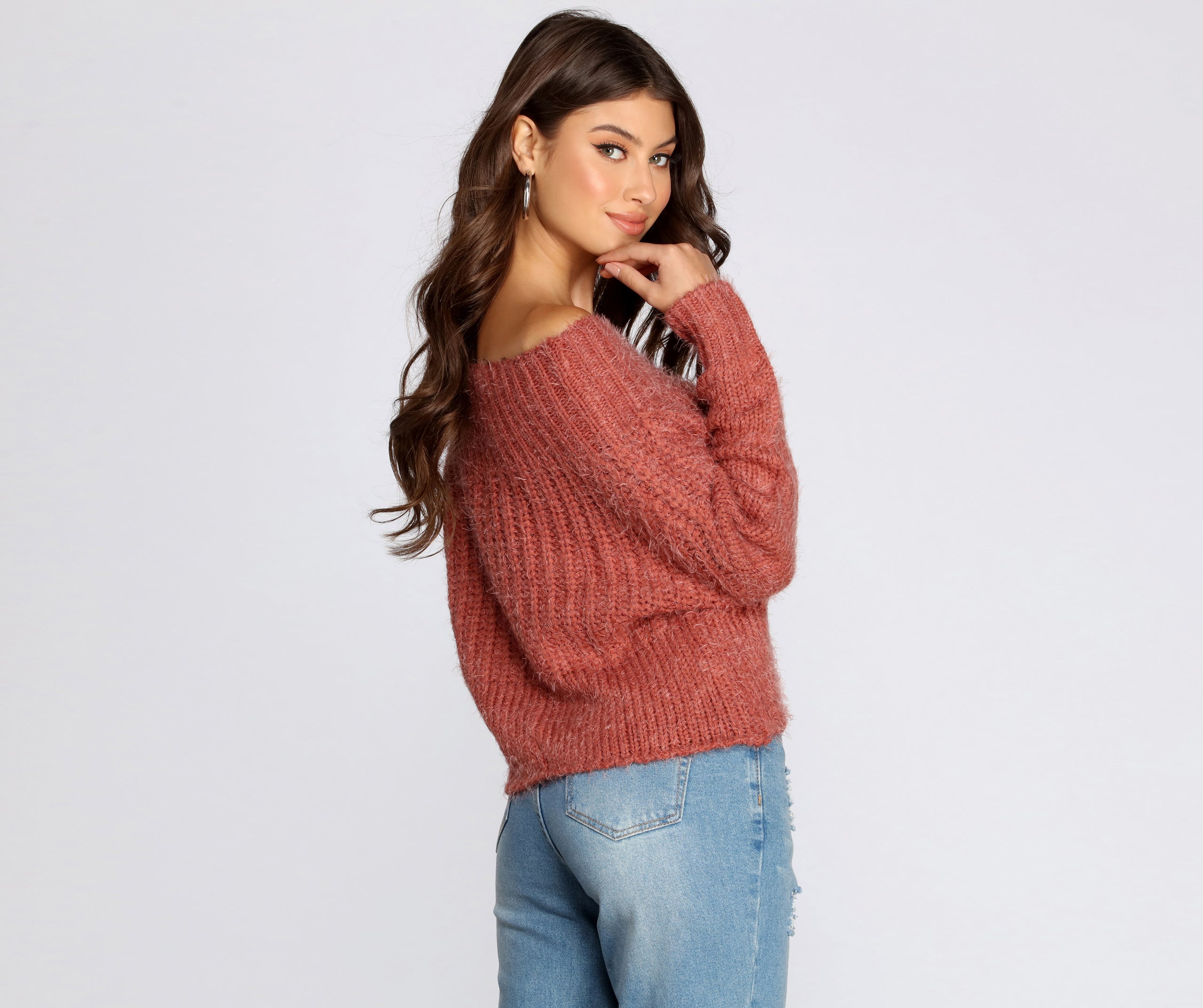 Off The Shoulder Angora Knit Sweater