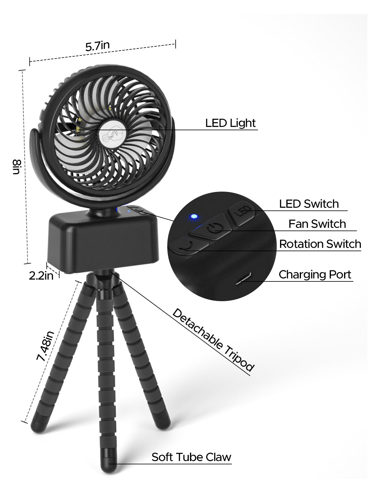 Baby Stroller Oscillating Fan with LED Light, 5000mAh Rechargeable Battery Operated Small Camping Tent Fan 3 Speed with Hidden Hook Detachable Flexible Tripod & Diffuser Holder