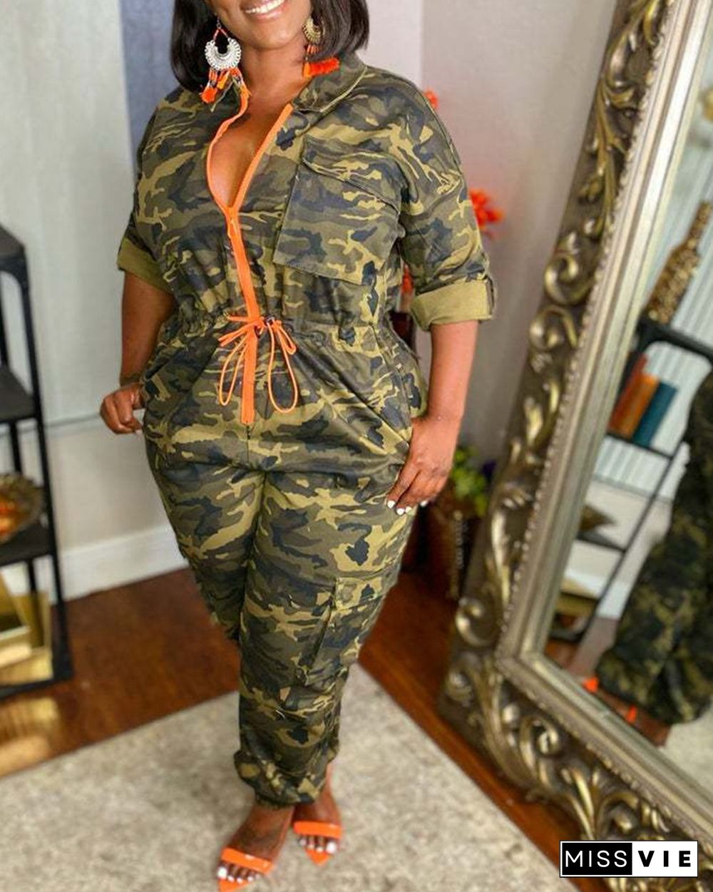 Camouflage Zipper Front Drawstring Jumpsuit