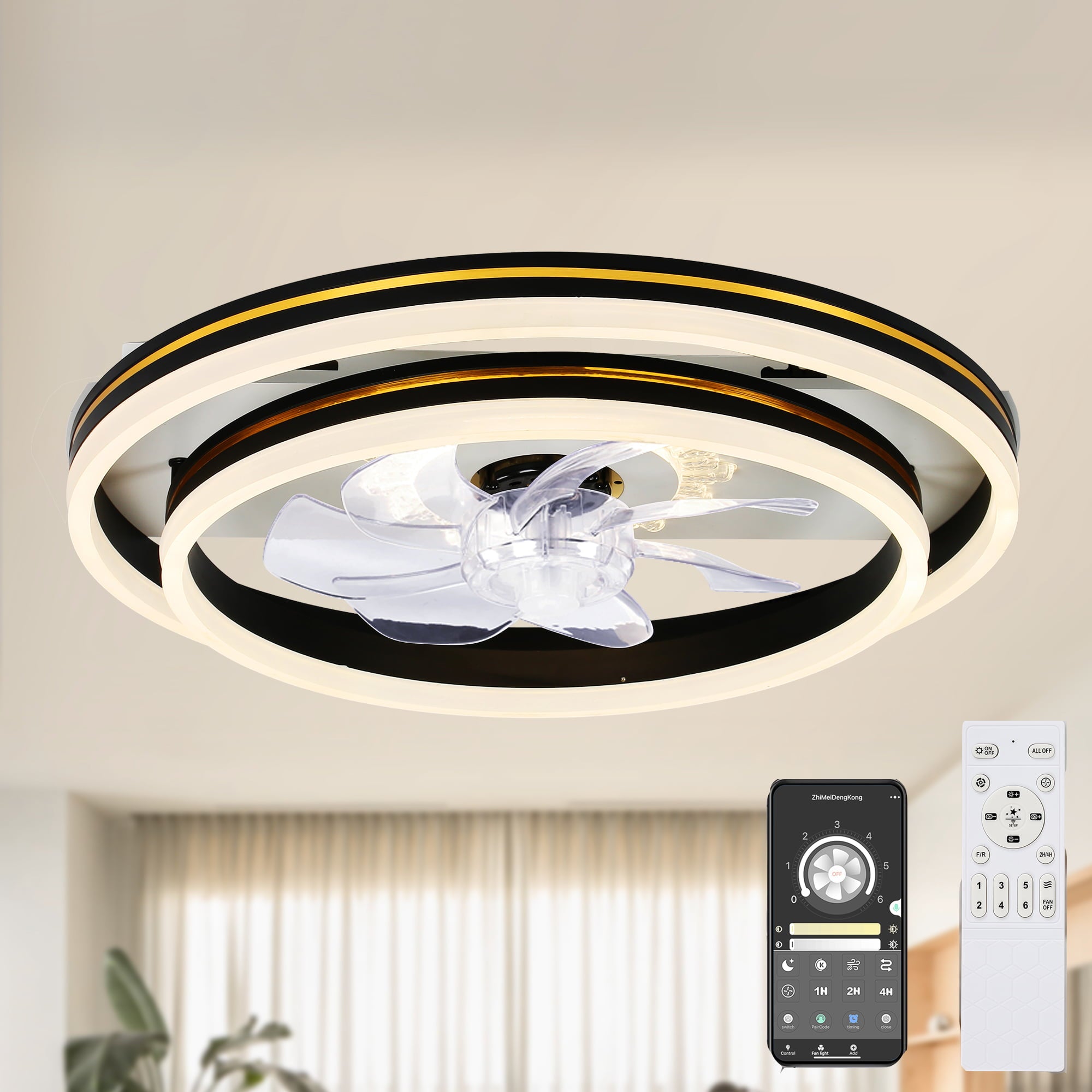 Low Profile Reversible Ceiling Fan with Dimmable Light， 6-Speed， Remote Control Led Ceiling Lighting Bella Depot