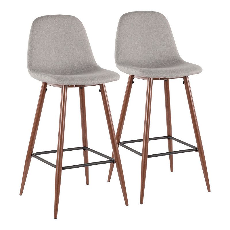 Set of 2 Pebble Walnut Metal and Light Gray Fabric Mid-Century Modern Barstools 39.5