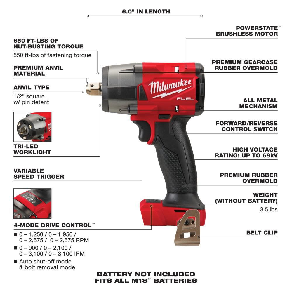 Milwaukee M18 FUEL 1/2 Mid-Torque Impact Wrench with Pin Detent Bare Tool 2962P-20 from Milwaukee