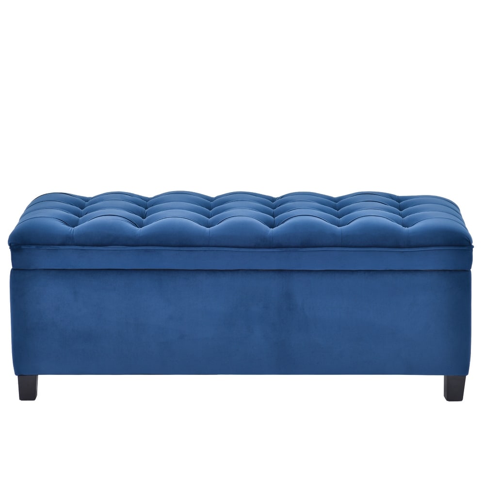 Blue Button Tufted Ottoman w/ Storage Bench Upholstered Fabrics