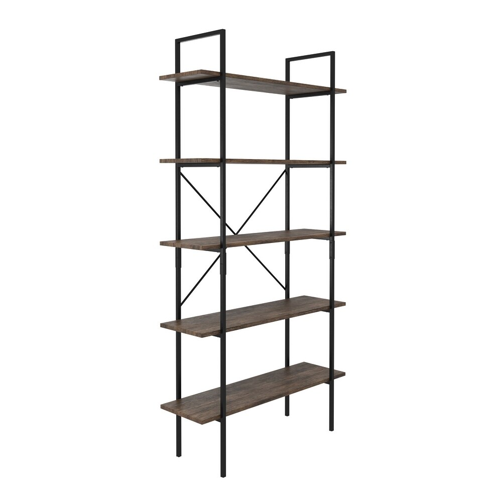5 Tier Ladder Bookshelf   Freestanding Wooden Bookcase Frame with Leaning Look Shelves by Lavish Home (Walnut)