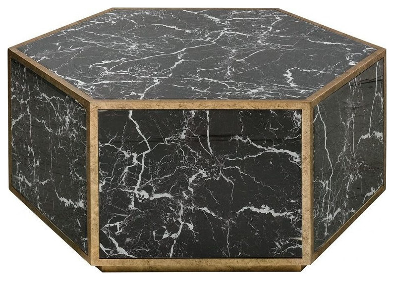 Hexagonal Black Marble Indoor Coffee Table in Gold Leaf Finish Block Type Base   Transitional   Coffee Tables   by Bailey Street Home  Houzz