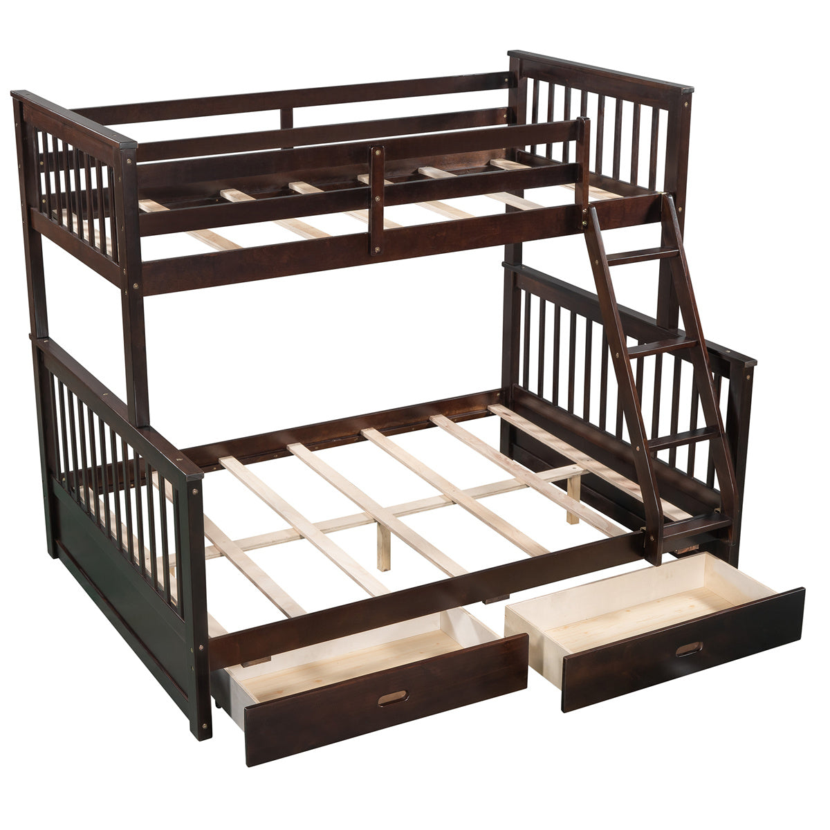 Twin Over Full Bunk Bed with Two Storage Drawers, Pine Wood Frame and Ladder with Guard Rails for Teens, Boys, Girls, Brown