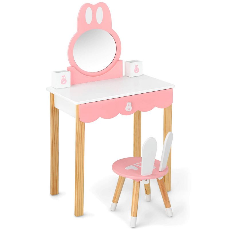 Kids Vanity Set Rabbit Makeup Dressing Table Chair Set with Mirror and Drawer