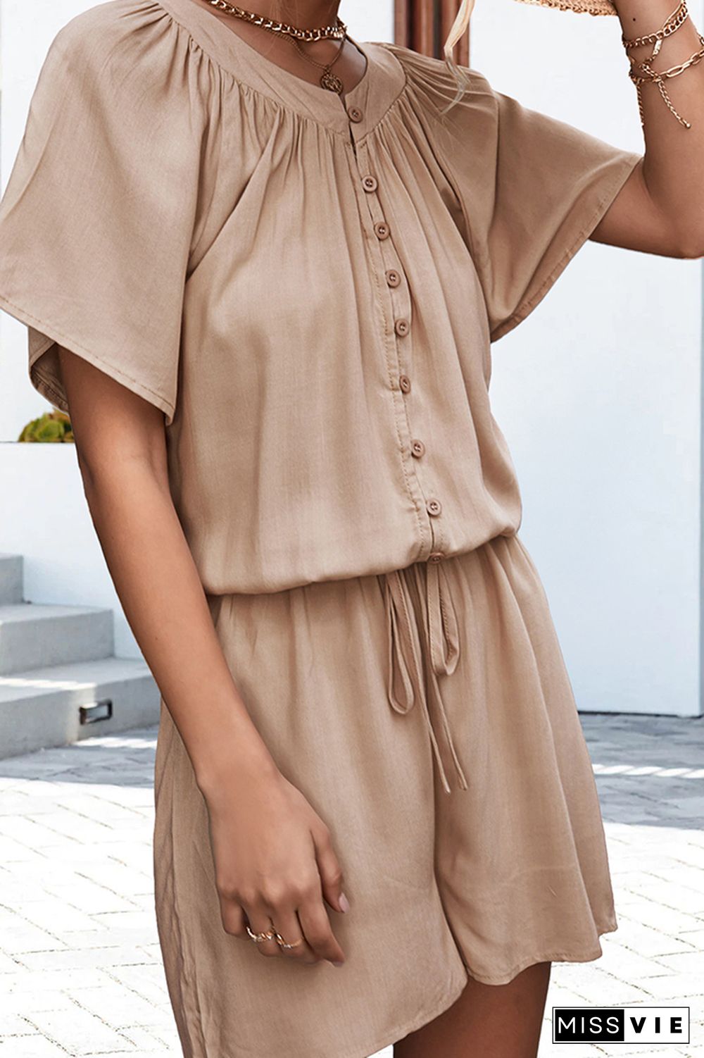 Plain Ruffles Neckline Button Down Rompers