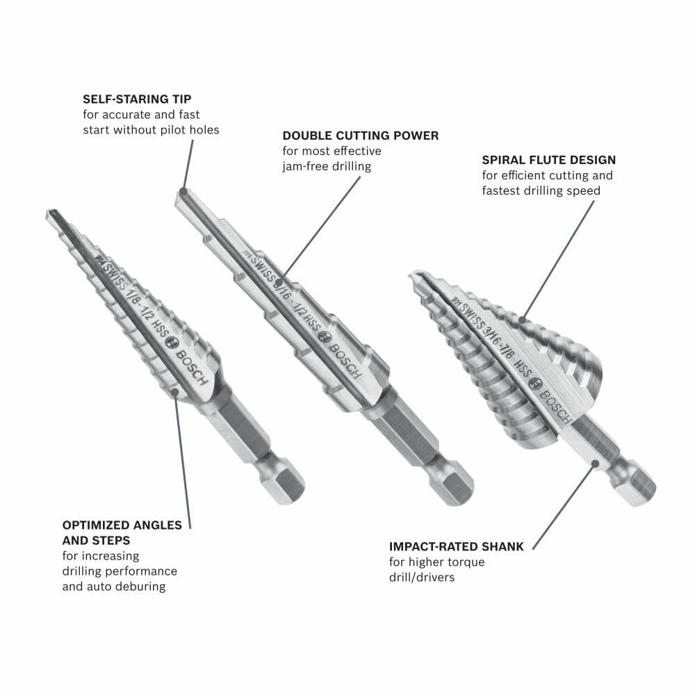 Bosch High Speed Steel Impact Tough Turbo Step Drill Bit Set 3pc IMSDC003 from Bosch