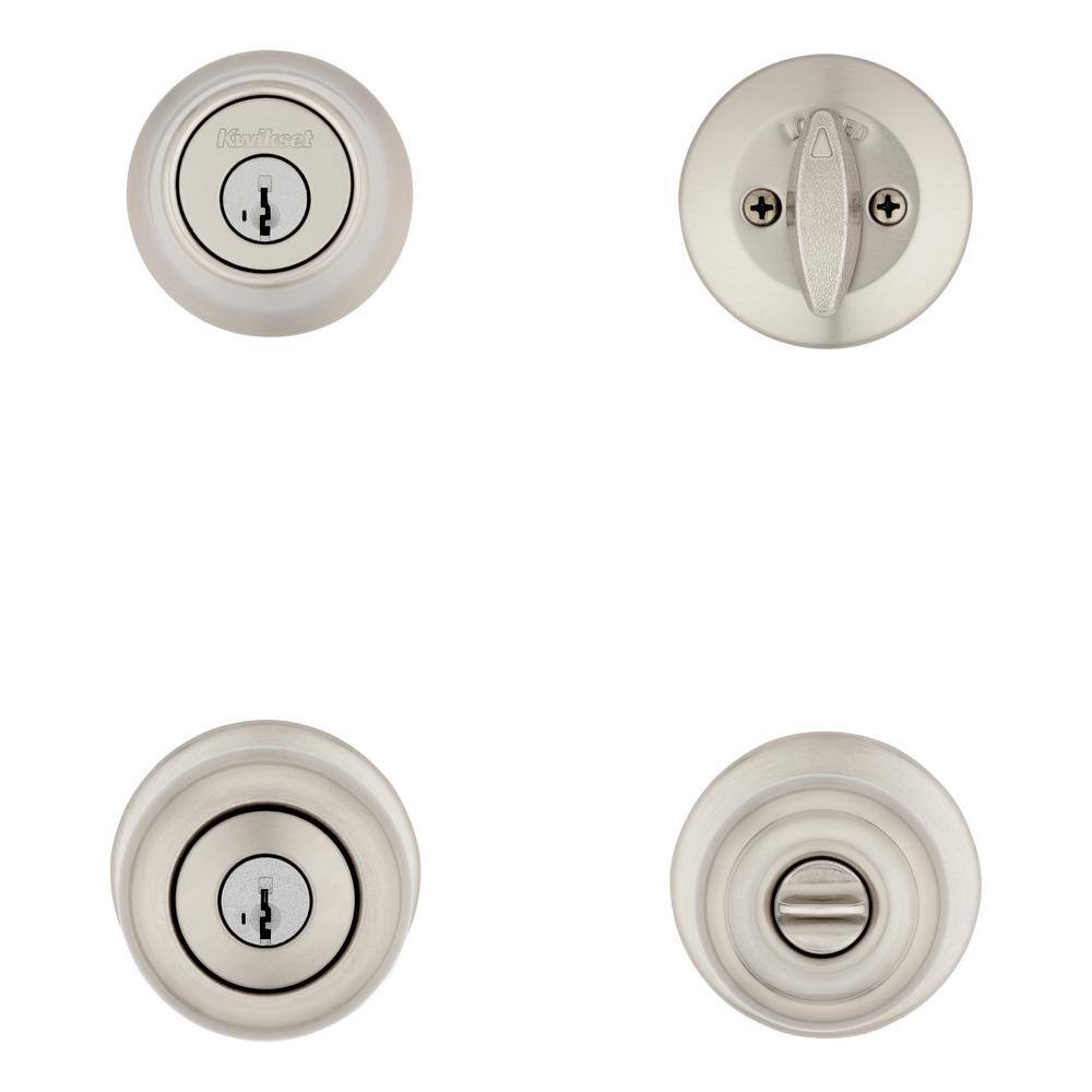 Kwikset Cove Satin Nickel Keyed Entry Door Knob and Single Cylinder Deadbolt Combo Pack featuring SmartKey and Microban T690CV15SMTCPK6