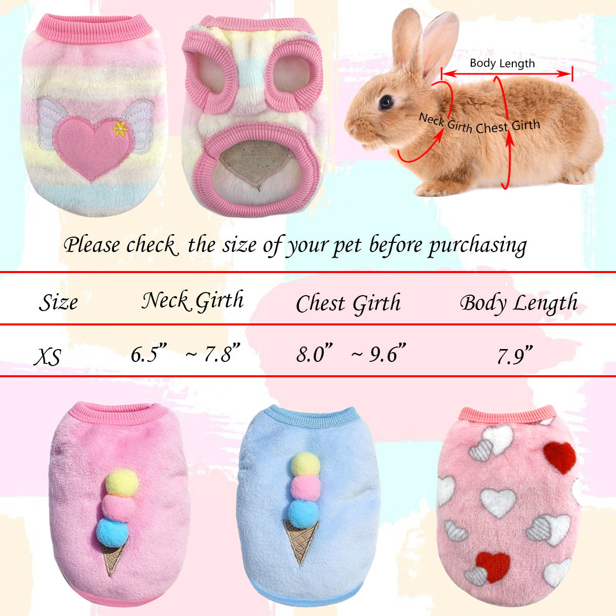 Vehomy 4 Pieces Bunny Clothes for Rabbits- Small Animal Guinea Pig Warm Vest Clothes Costume Soft T-Shirt for Kitten Ferret Chihuahua Puppy Mini Dog and Small Animals XS