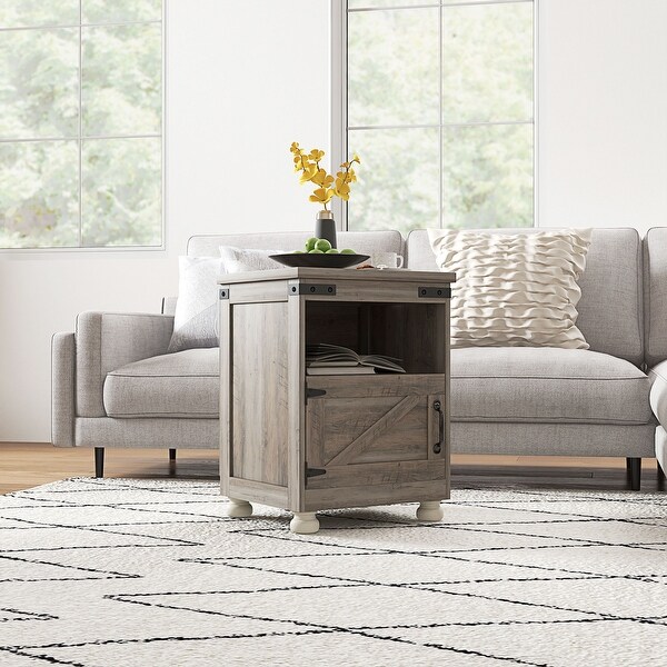 HOMCOM Small Side Table with Storage，Farmhouse End Table with Open Shelf and Cupboard，Modern Sofa Table with Wood Legs