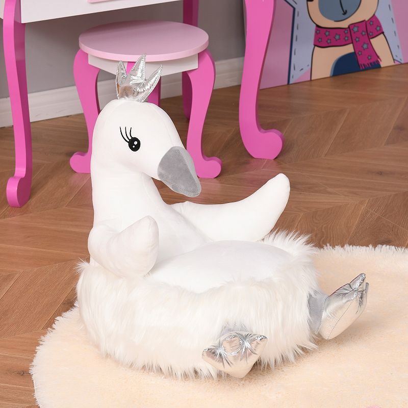 Qaba Stuffed Animal Sofa Armrest Chair Cartoon Storage Bean Bag Chair for Kids with Cute Swan Flannel PP Cotton 22 x 16 x 22 White