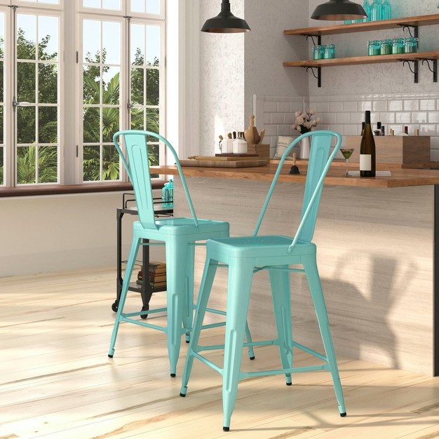 Metal Indoor outdoor Counter Stool With Vertical Slat Back And Integrated Footrest