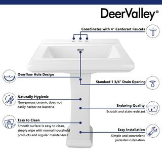 DEERVALLEY Apex White Vitreous China Rectangular Pedestal Combo Bathroom Sink in White with 4 in. Centerset Faucet Holes DV-1P521