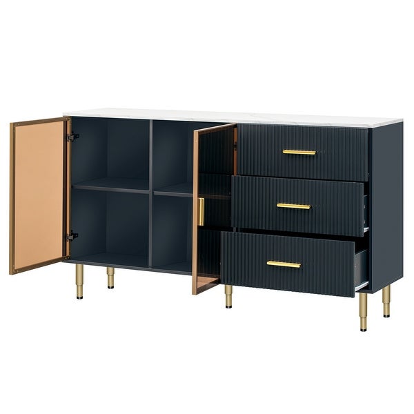 Modern Sideboard MDF Buffet Cabinet Marble Sticker Tabletop and Amber-yellow Tempered Glass Doors with Gold Metal Legs