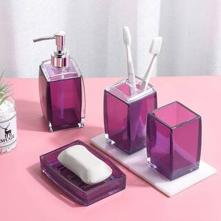 Dracelo 4-Piece Bathroom Accessory Set with Toothbrush Holder Toothbrush Cup Soap Lotion Dispenser Soap Dish in Purple B0B1J56DFT