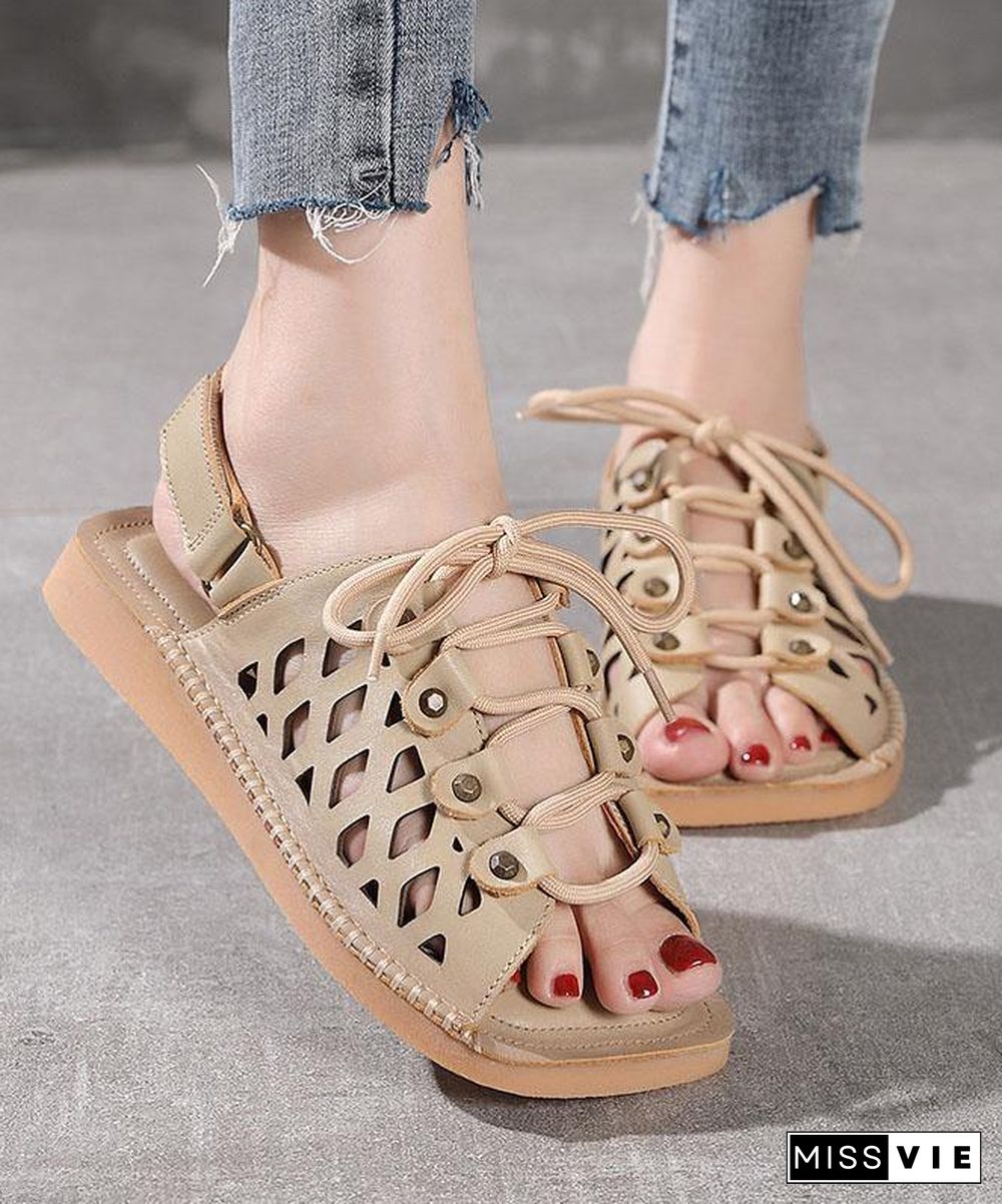 Chocolate Lace Up Flat Sandals Cowhide Leather