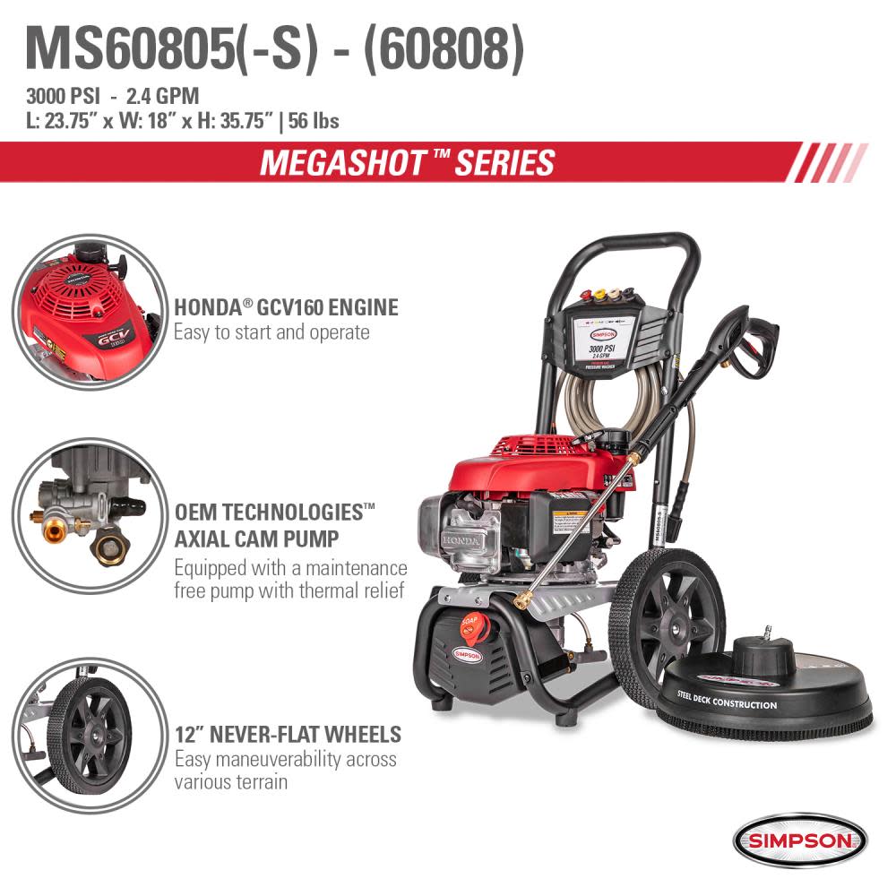 MegaShot 3000 PSI at 2.4 GPM HONDA GCV160 with OEM Technologies Axial Cam Pump Cold Water Premium Residential Gas Pressure Washer with 15 in. Surface Scrubber ;