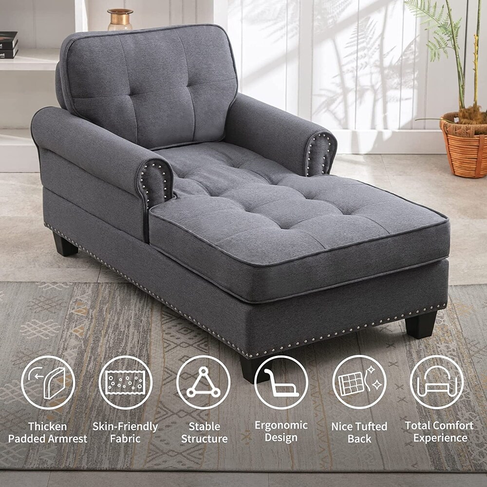 Mixoy Tufted Linen Chaise Lounge Chair with Armrests  Modern Mid Century Chaise Lounge Sofa Couch  Rivet Sleeper Sofa Chair