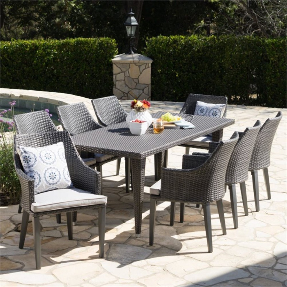 Noble House Lenox 9 Piece Outdoor Wicker Dining Set in Gray   Tropical   Outdoor Dining Sets   by Homesquare  Houzz