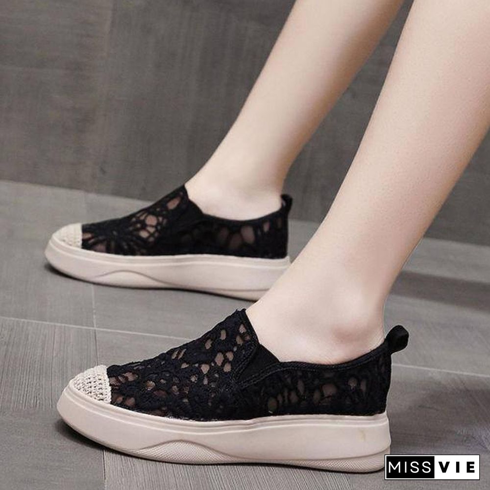 Women Shoes Fashion Summer Casual White Shoes Cutouts Lace Canvas Hollow Breathable Platform Flat Shoes Woman Sneakers