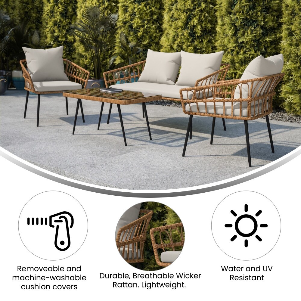 Weather 4 Piece Rope Rattan Patio Seating Set with Cushions