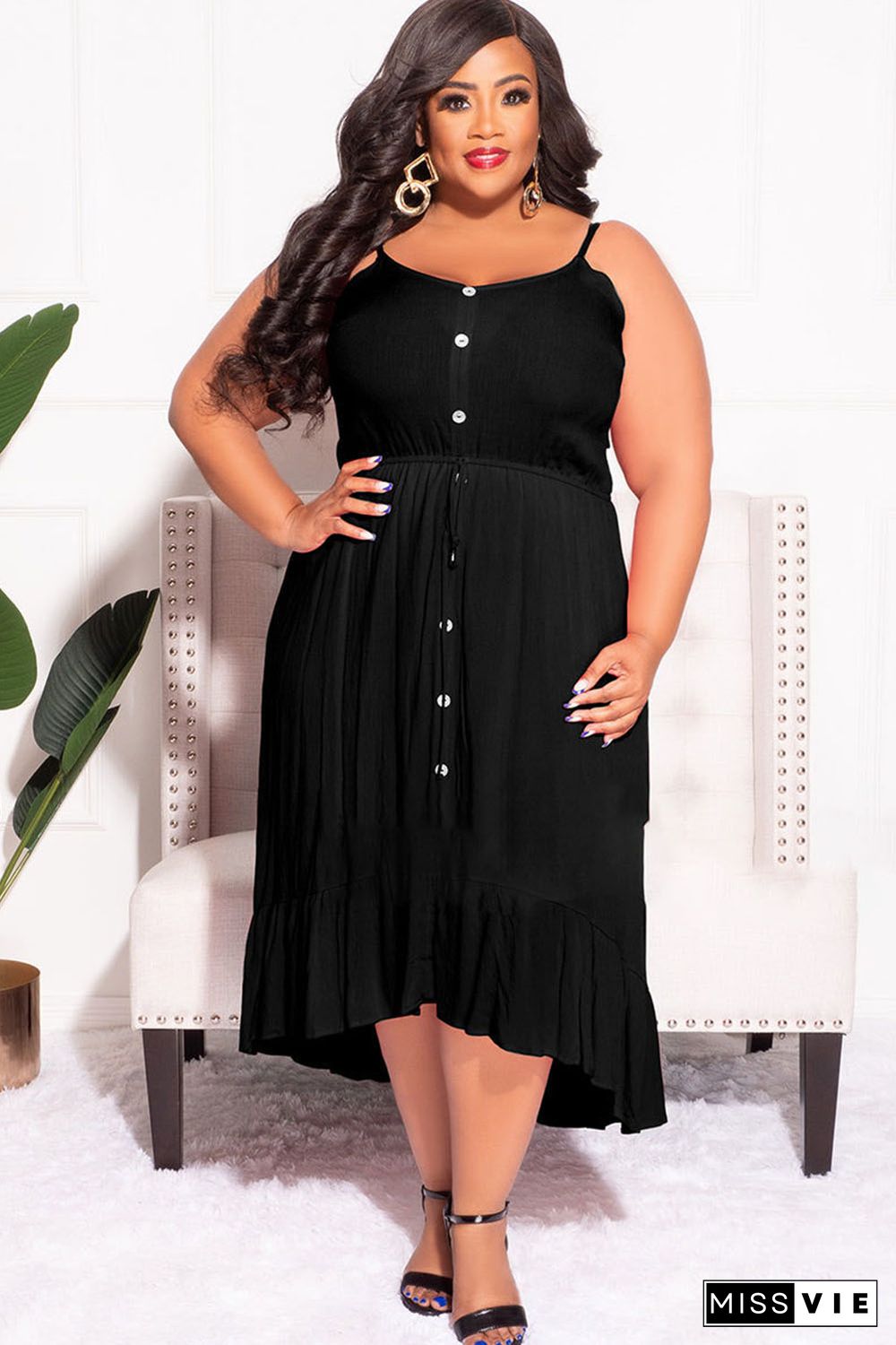 Black Plus Size Spaghetti Straps Buttoned Ruffle Midi Dress