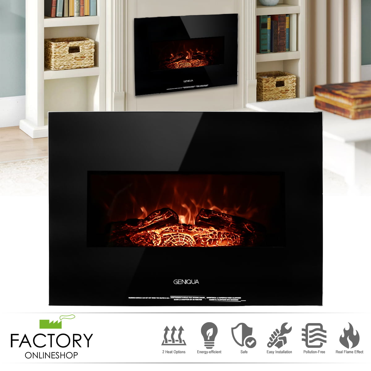 Geniqua 26" Wall Mount 1400W Electric Fireplace Insert Heater Adjust Log LED Flame Home