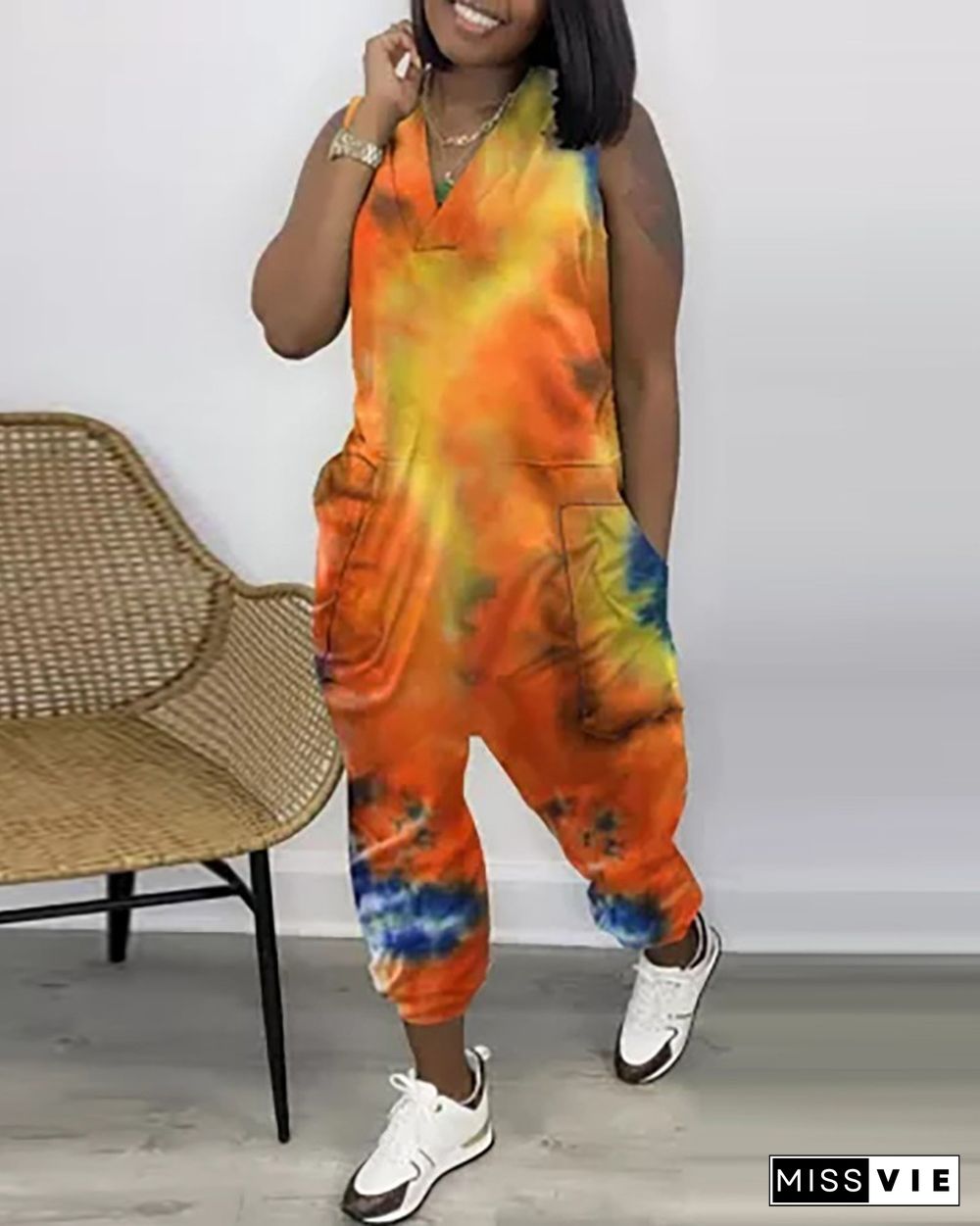 Tie Dye Print Pocket Design Sleeveless Jumpsuit